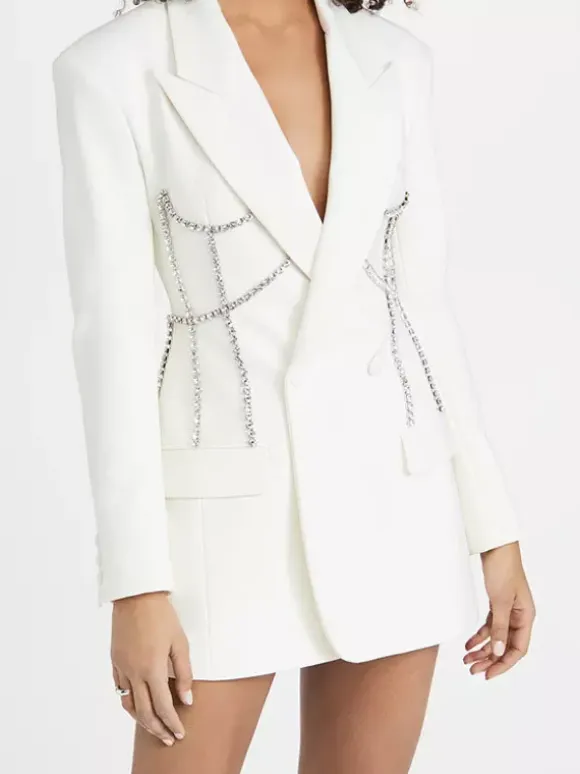 Women Notched Lapel Rhinestone Chain Cutout Mini Blazer Dress