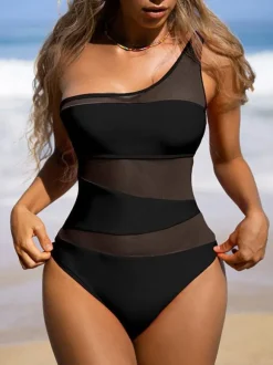 Women One Piece Swimsuits Orange Red Color Block Piping One-Shoulder Layered Summer Sexy Bathing Suits