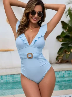 Women One Piece Swimsuits Blue Straps Neck Summer Sexy Swimwear
