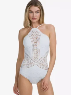 Women One Piece Swimsuits Black Lace Jewel Neck Backless Summer Beach Swimwear