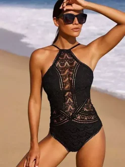 Women One Piece Swimsuits Black Lace Jewel Neck Backless Summer Beach Swimwear