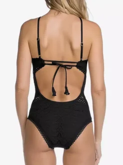 Women One Piece Swimsuits Black Lace Jewel Neck Backless Summer Beach Swimwear