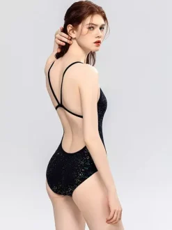 Women One Piece Swimsuits Black Silver Summer Sexy Swimwear
