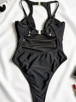 Women One Piece Swimsuits Black V-Neck Summer Beach Swimming Suits