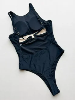 Women One Piece Swimsuits Black Jewel Neck Backless Summer Beach Swimwear