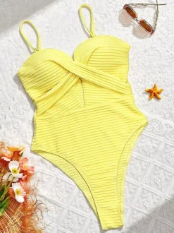 Women One Piece Swimsuits Yellow Cut Out Straps Neck Cross Front Summer Beach Bathing Suits