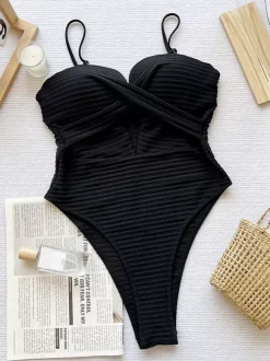 Women One Piece Swimsuits Yellow Cut Out Straps Neck Cross Front Summer Beach Bathing Suits