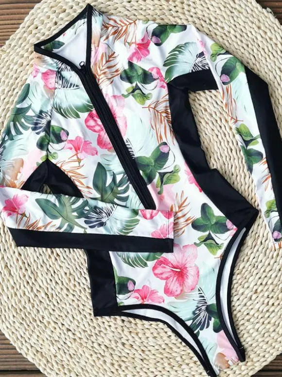 Women One Piece Swimsuits White Floral Print Zipper Jewel Neck Summer Sexy Swimwear