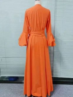 Women Orange Maxi Dresses Long Sleeves V-Neck Sash Layered Long Dress