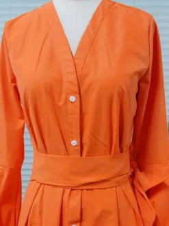 Women Orange Maxi Dresses Long Sleeves V-Neck Sash Layered Long Dress
