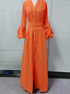 Women Orange Maxi Dresses Long Sleeves V-Neck Sash Layered Long Dress