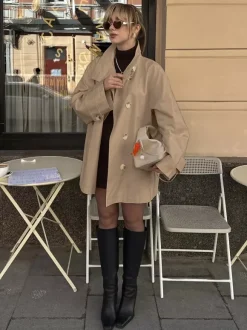Women Oversized Lapel Double Breasted Mid Length Loose Trench Coat Jacket