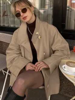 Women Oversized Lapel Double Breasted Mid Length Loose Trench Coat Jacket