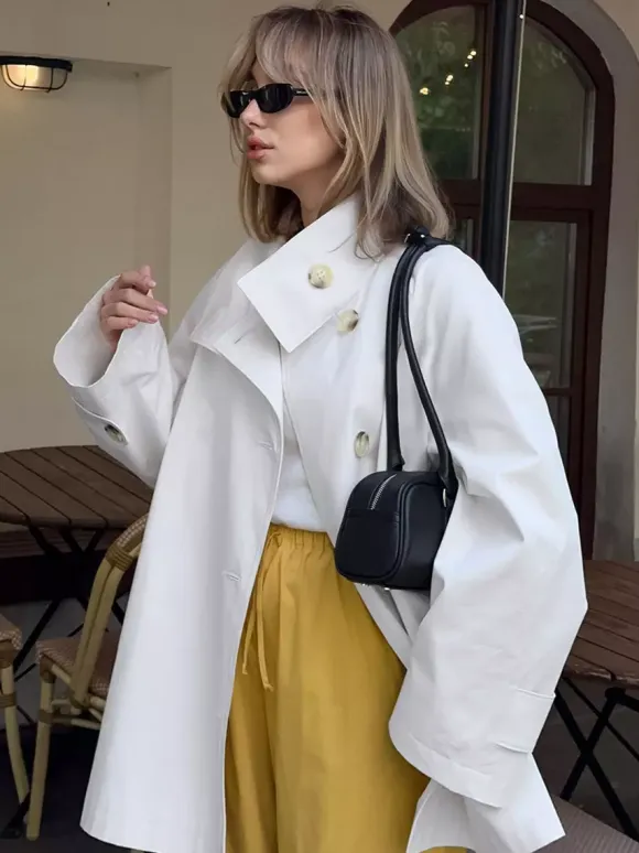 Women Oversized Lapel Double Breasted Mid Length Loose Trench Coat Jacket