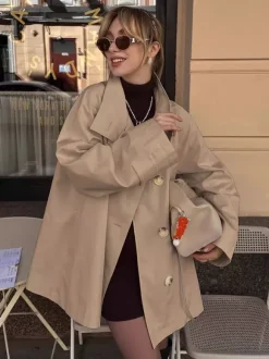 Women Oversized Lapel Double Breasted Mid Length Loose Trench Coat Jacket