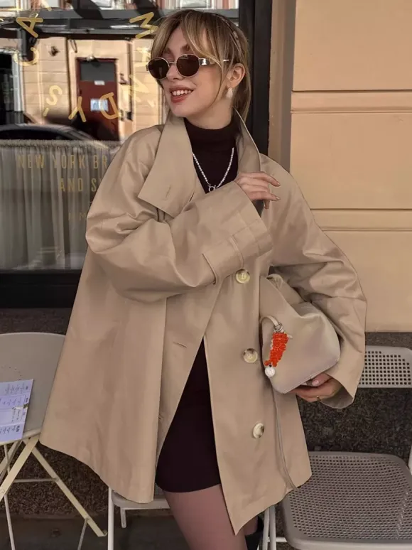 Women Oversized Lapel Double Breasted Mid Length Loose Trench Coat Jacket