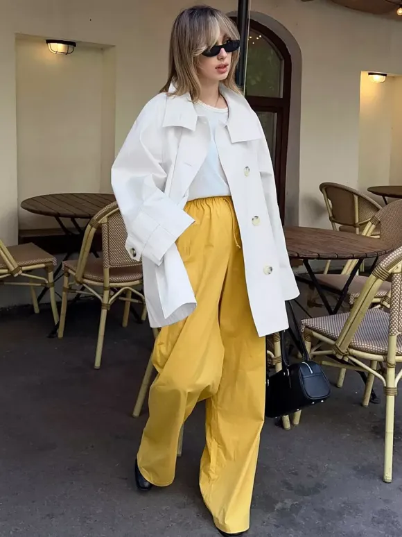 Women Oversized Lapel Double Breasted Mid Length Loose Trench Coat Jacket