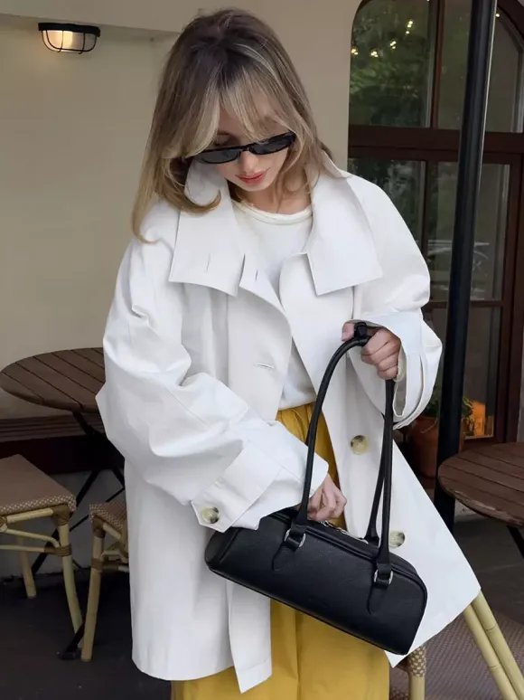 Women Oversized Lapel Double Breasted Mid Length Loose Trench Coat Jacket