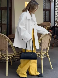 Women Oversized Lapel Double Breasted Mid Length Loose Trench Coat Jacket