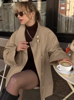 Women Oversized Lapel Double Breasted Mid Length Loose Trench Coat Jacket