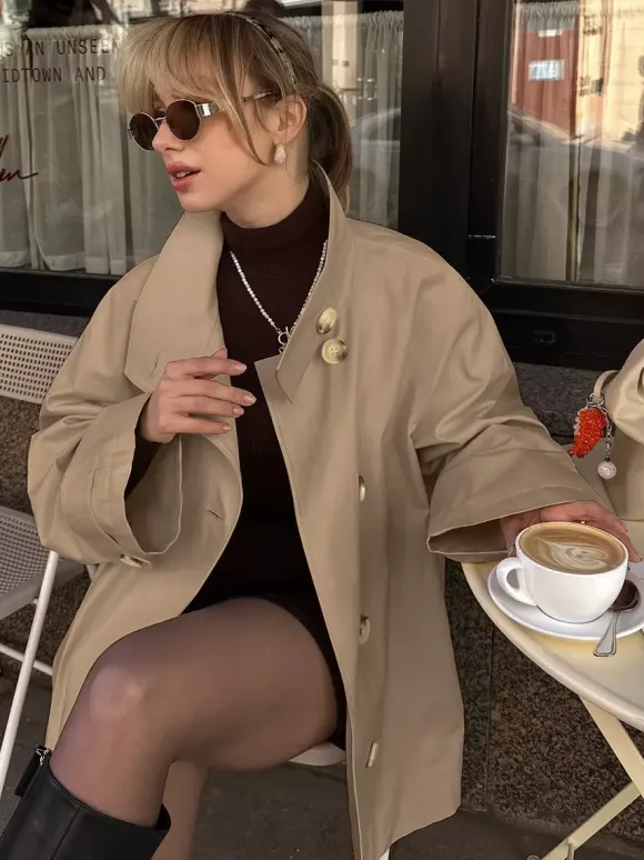 Women Oversized Lapel Double Breasted Mid Length Loose Trench Coat Jacket