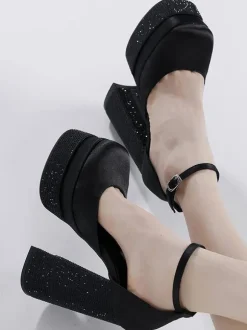 Women Platform Pumps Satin Square Toe Block Heel Ankle Strap Party Shoes