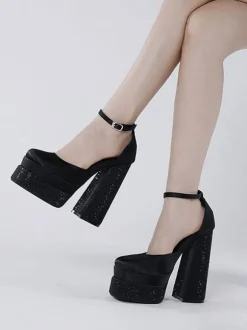 Women Platform Pumps Satin Square Toe Block Heel Ankle Strap Party Shoes