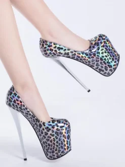 Women Platform Shoes High Heels Slivery Square Toe Leopard Print Sexy Shoes