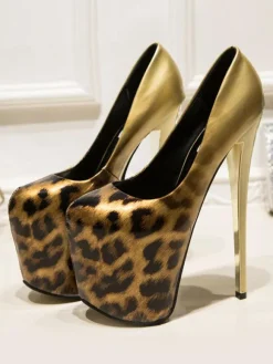 Women Platform Shoes High Heels Slivery Square Toe Leopard Print Sexy Shoes