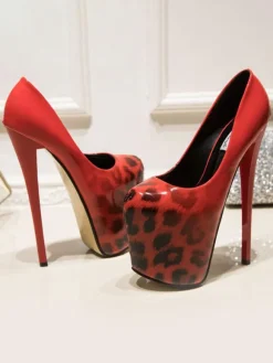 Women Platform Shoes High Heels Slivery Square Toe Leopard Print Sexy Shoes
