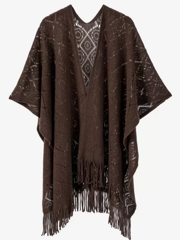 Women Poncho Designed Neckline Light Brown Poncho Cape