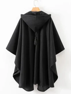 Women Poncho Hooded Black Poncho Oversized Tassels Cape