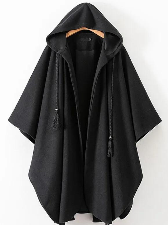Women Poncho Hooded Black Poncho Oversized Tassels Cape