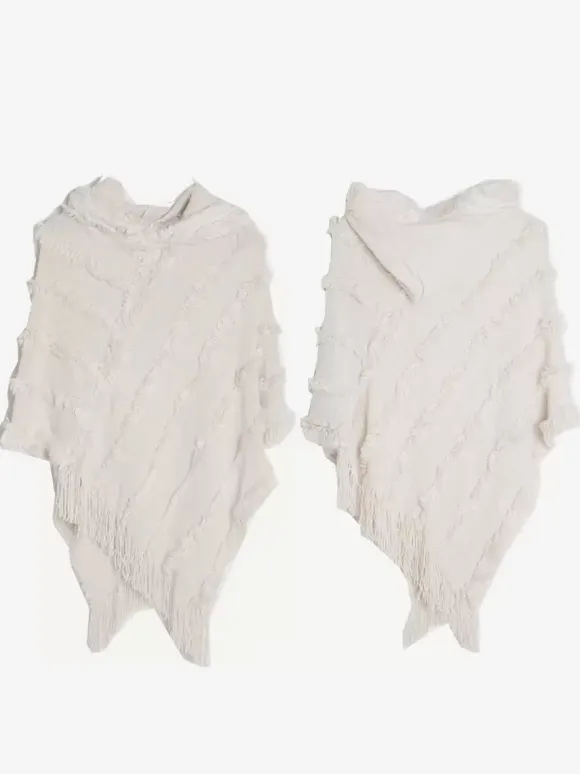 Women Poncho Hooded Green Oversized Fringe Cape