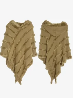 Women Poncho Hooded Green Oversized Fringe Cape