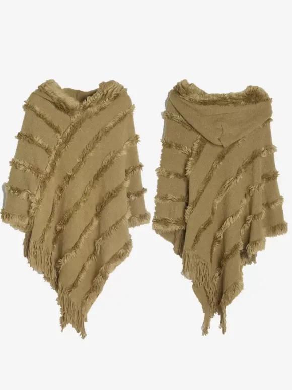 Women Poncho Hooded Green Oversized Fringe Cape