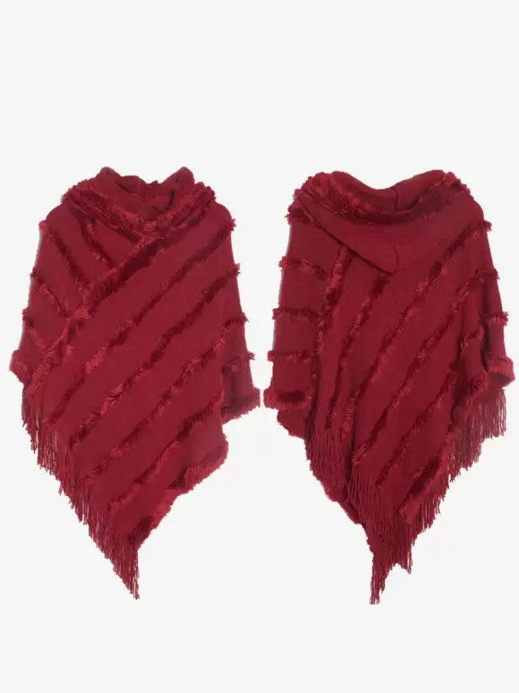 Women Poncho Hooded Green Oversized Fringe Cape