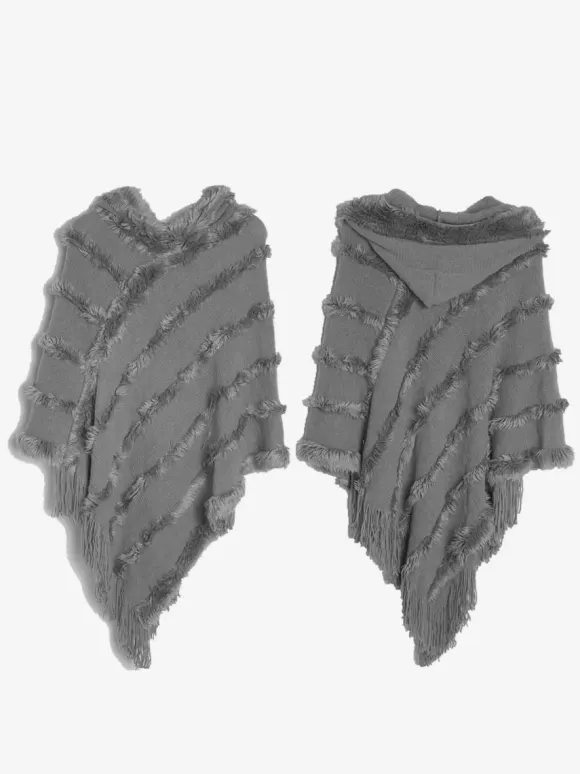 Women Poncho Hooded Green Oversized Fringe Cape