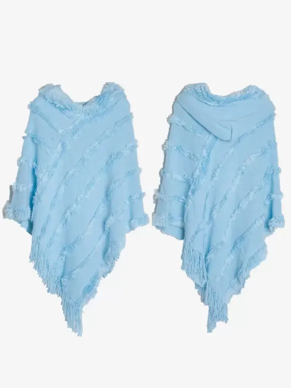 Women Poncho Hooded Green Oversized Fringe Cape