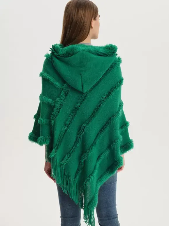 Women Poncho Hooded Green Oversized Fringe Cape