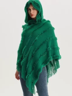 Women Poncho Hooded Green Oversized Fringe Cape