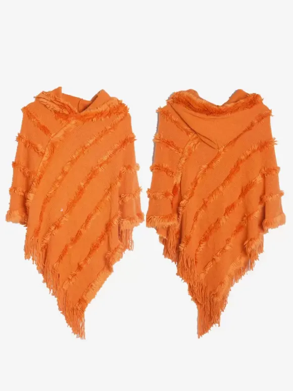 Women Poncho Hooded Green Oversized Fringe Cape