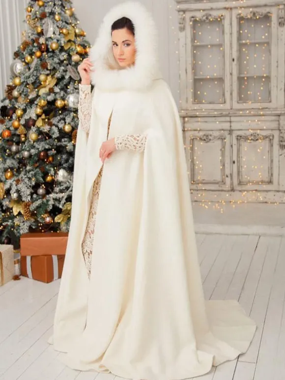 Women Poncho Hooded Ivory Poncho Oversized Full Length Faux Fur Cape