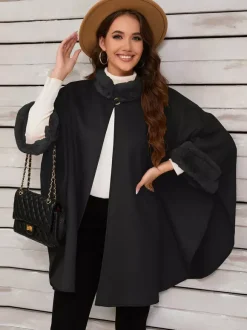 Women Poncho Stand Collar Khaki Asymmetrical Cape