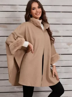 Women Poncho Stand Collar Khaki Asymmetrical Cape