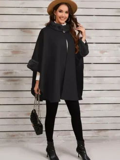 Women Poncho Stand Collar Khaki Asymmetrical Cape
