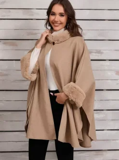 Women Poncho Stand Collar Khaki Asymmetrical Cape