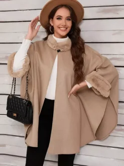 Women Poncho Stand Collar Khaki Asymmetrical Cape