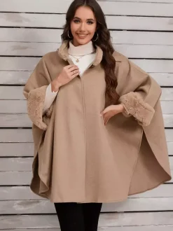 Women Poncho Stand Collar Khaki Asymmetrical Cape