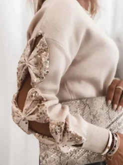 Women Pullover Sweater Apricot Sequins Jewel Neck Long Sleeves Sweaters